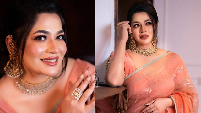 হালকা রঙের শাড়ি, মিষ্টি হাসিতে অপরূপা বাঁধন