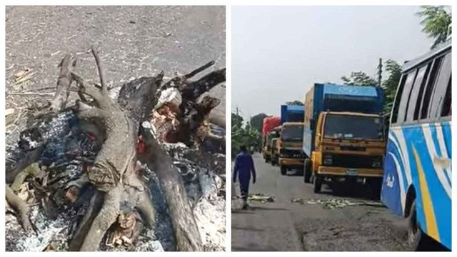টায়ার জ্বালিয়ে-গাছ ফেলে সড়ক অবরোধ