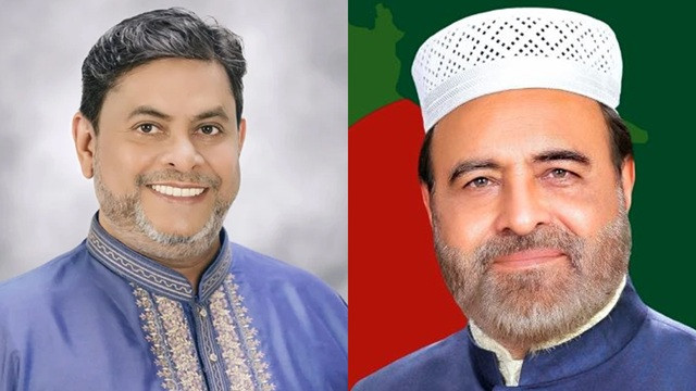 বামে বিএনপি প্রার্থী হামিদুর রহমান ও ডানে জামায়াত প্রার্থী মুহাম্মদ এনায়াত উল্লাহ্