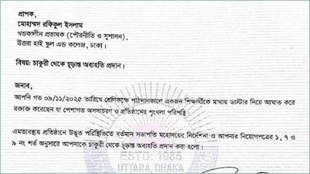 ডাস্টার ছুড়ে ছাত্রের মাথা ফাটানো সেই শিক্ষককে চূড়ান্তভাবে অব্যাহতি