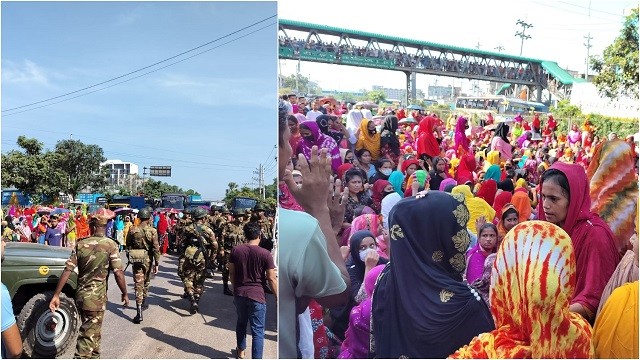 গাজীপুরে মহাসড়ক অবরোধ করে শ্রমিকদের বিক্ষোভ